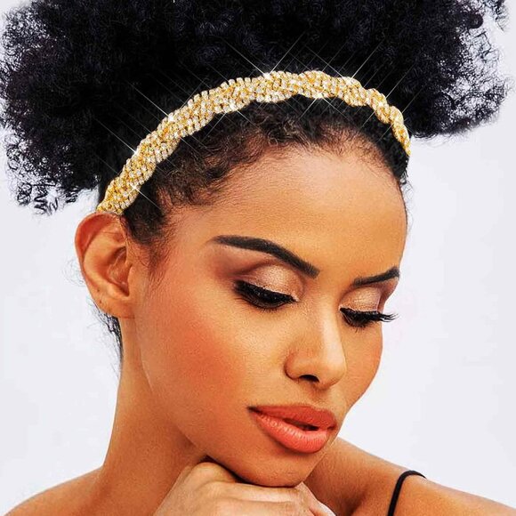 Gold Elastic Rhinestone headbands Sparkly Crystal Headpiece Hair Accessories - Picture 3 of 8